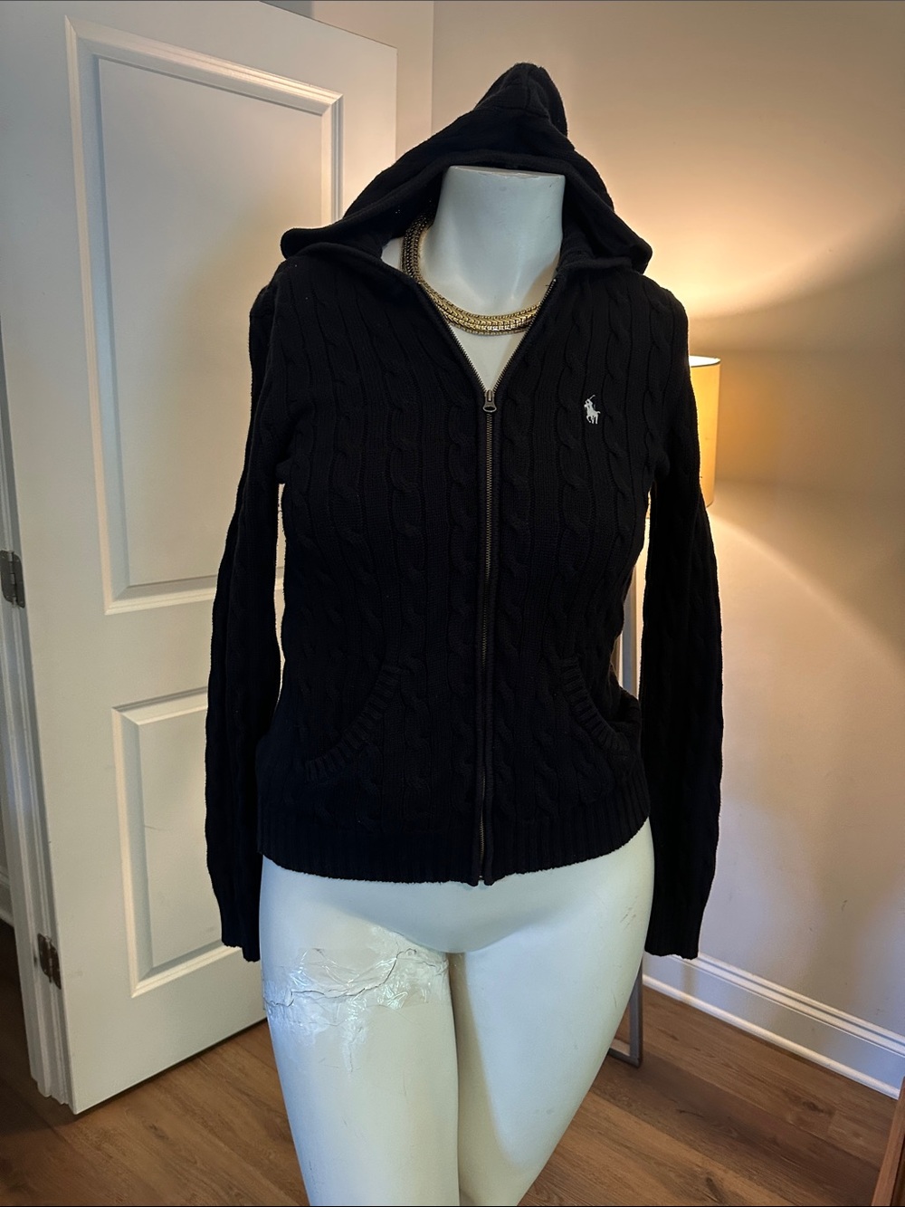 Ralph Lauren Black Cable-Knit Hooded Zip Sweater